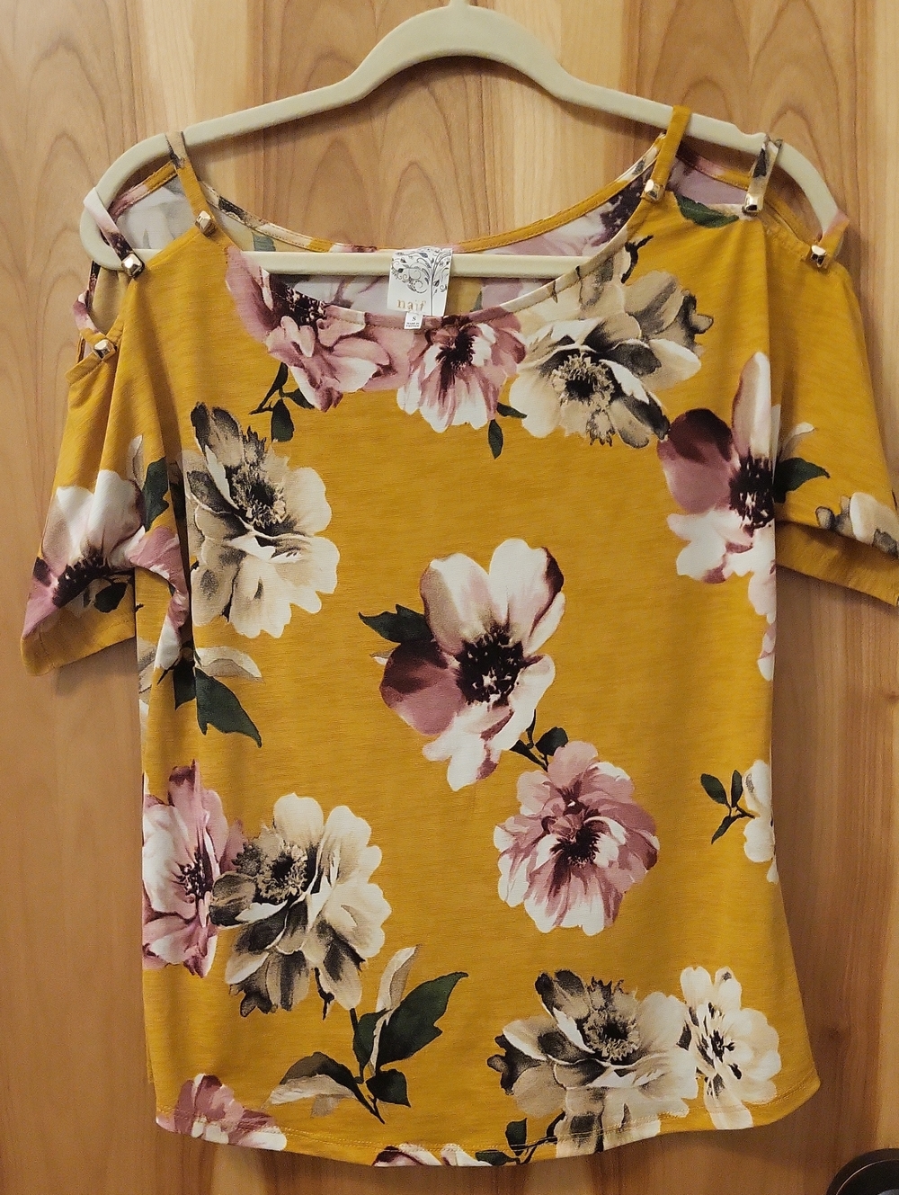 NAIF Mustard Floral Cold-Shoulder Tee